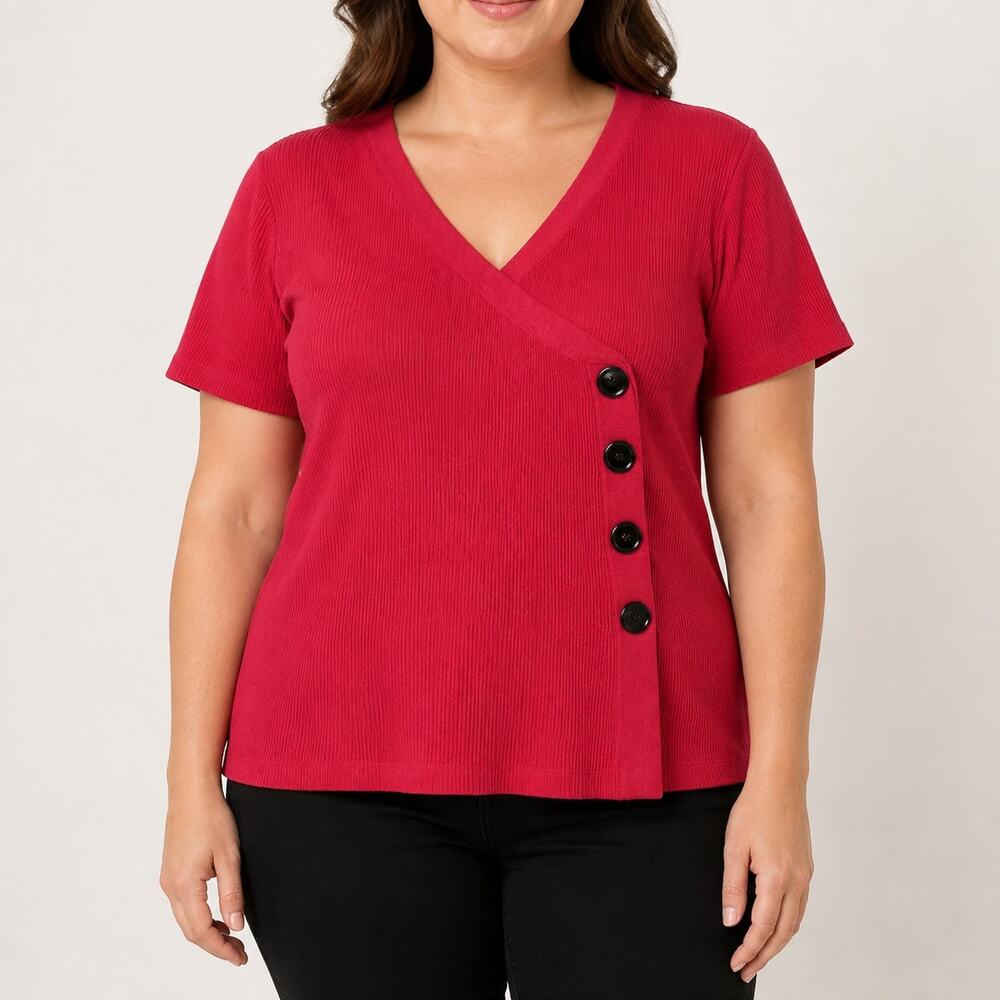 Cable & Gauge Red Ribbed Mock Wrap Top Women’s Large Black Buttons